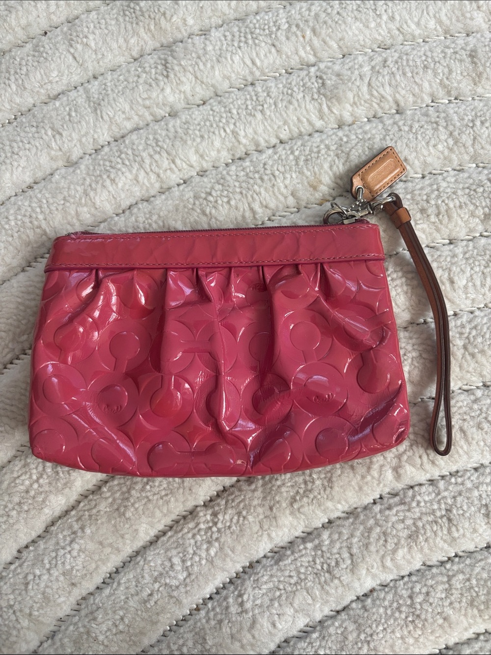 Coach Glossy Pink Signature Wristlet with Leather Strap